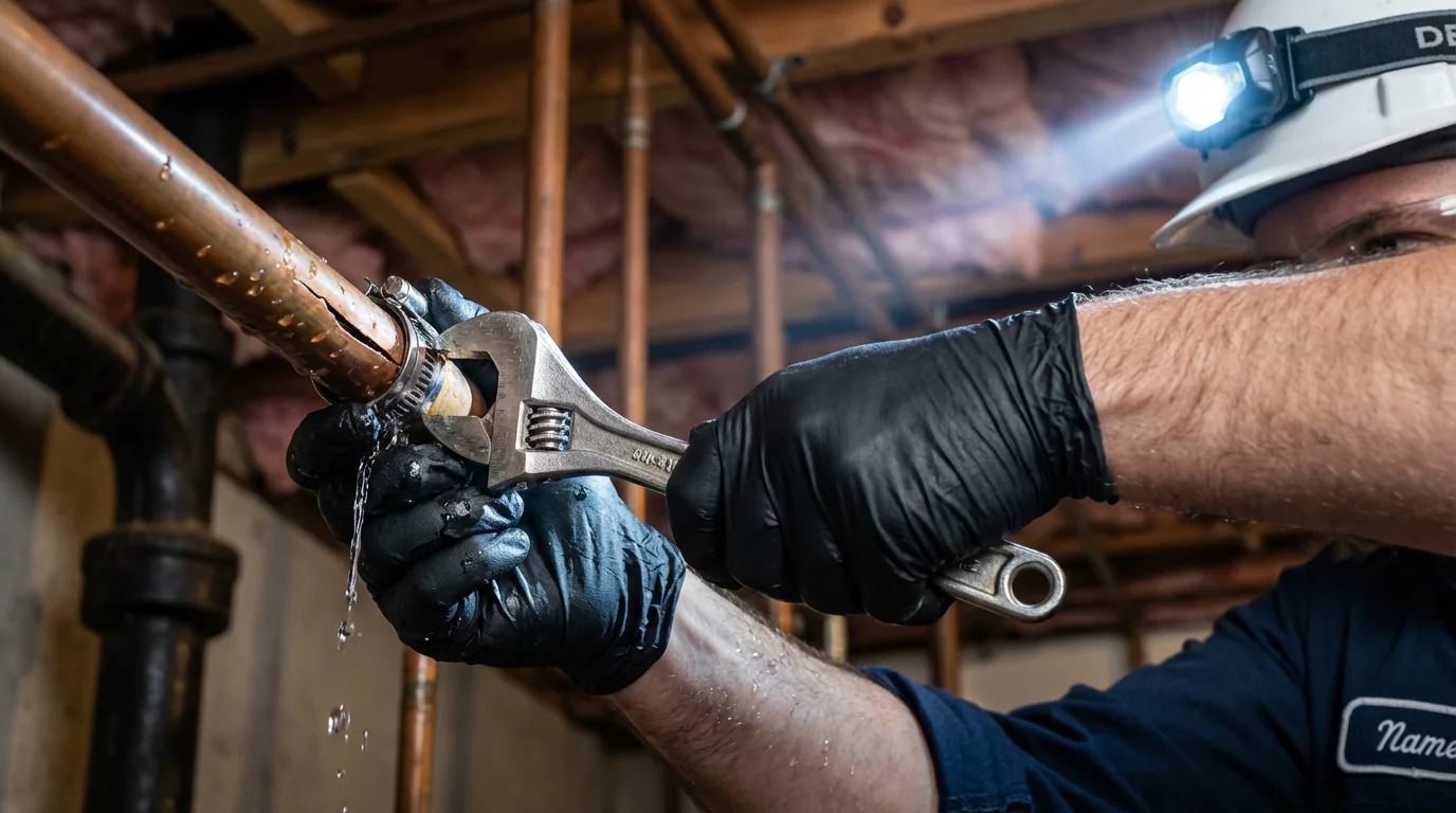 Emergency pipe clamp repair being performed by a Johns Plumbing LLC plumber in Longmont